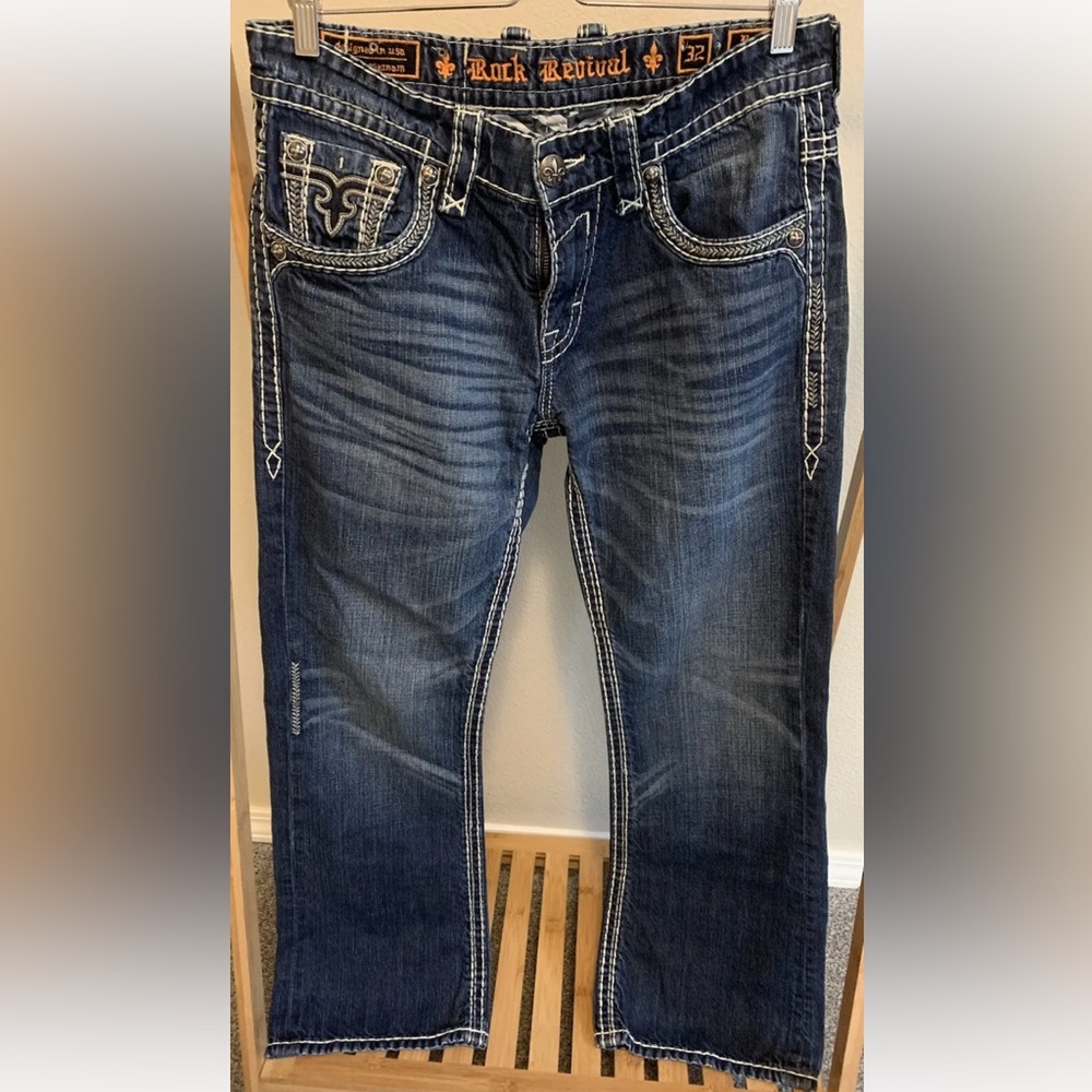 Rock Revival Men’s Bruno Boot Cut 32 Denim Blue Jeans Dark Wash (32x30)